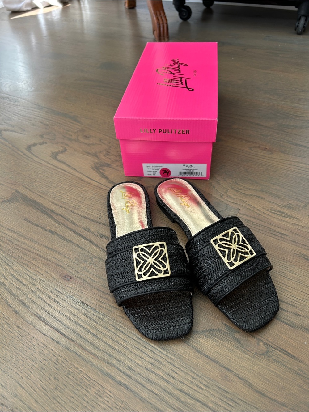 Lilly Pulitzer Dayna Black Slide Sandals with Gold Emblem